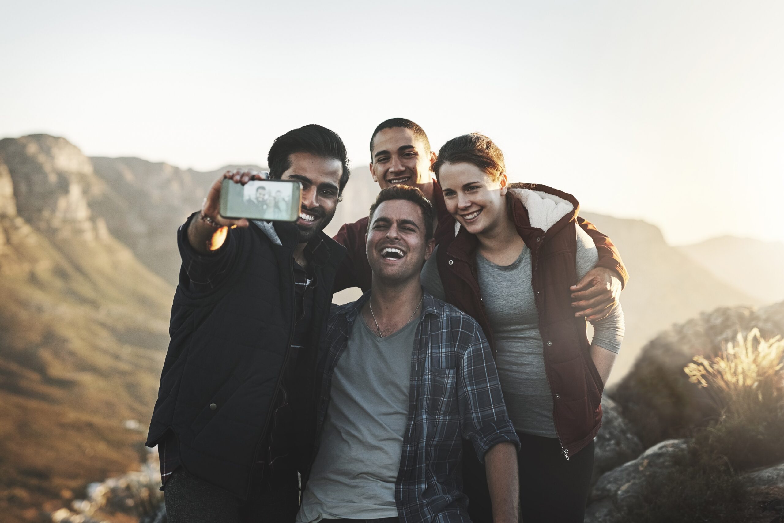 Nature,,Selfie,And,Friends,In,Mountain,For,Hiking,,Adventure,And